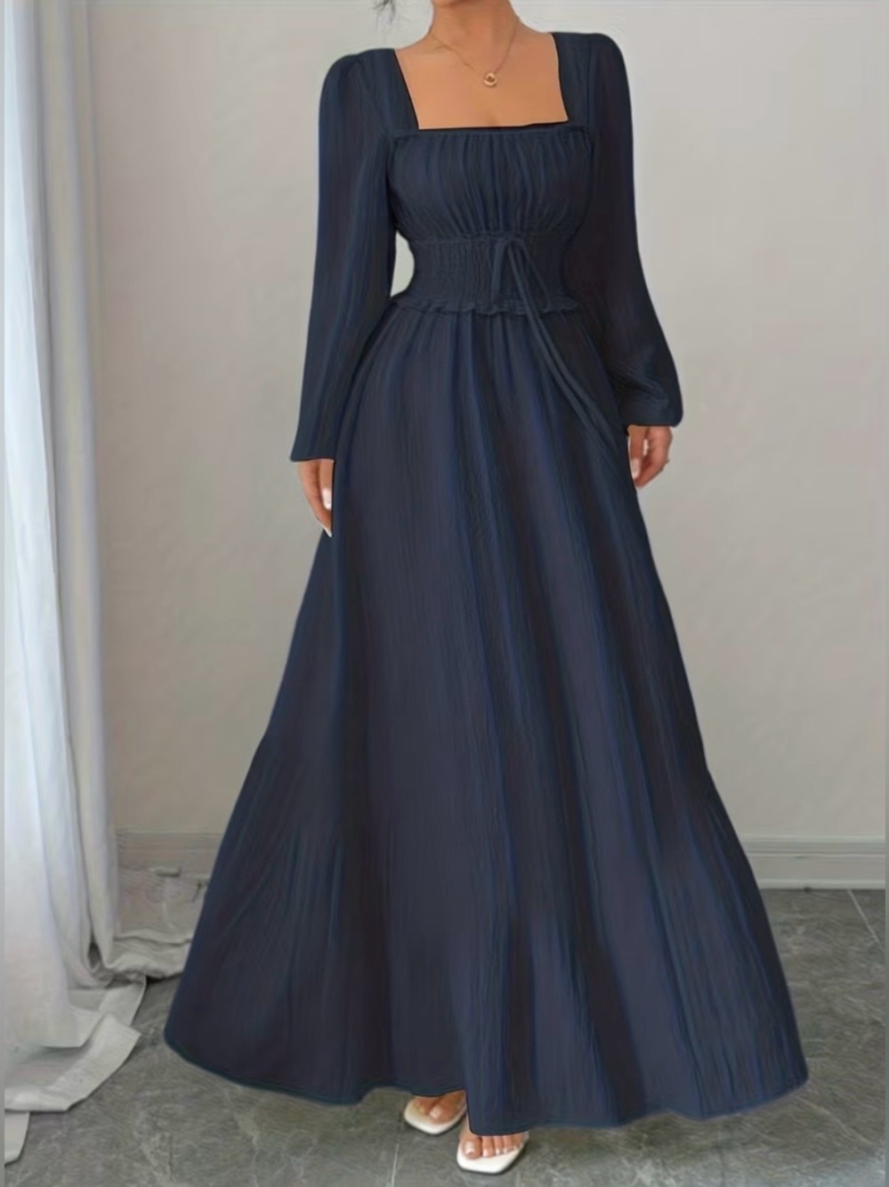 Elegant Navy Long-Sleeve Square-Neck Maxi Dress